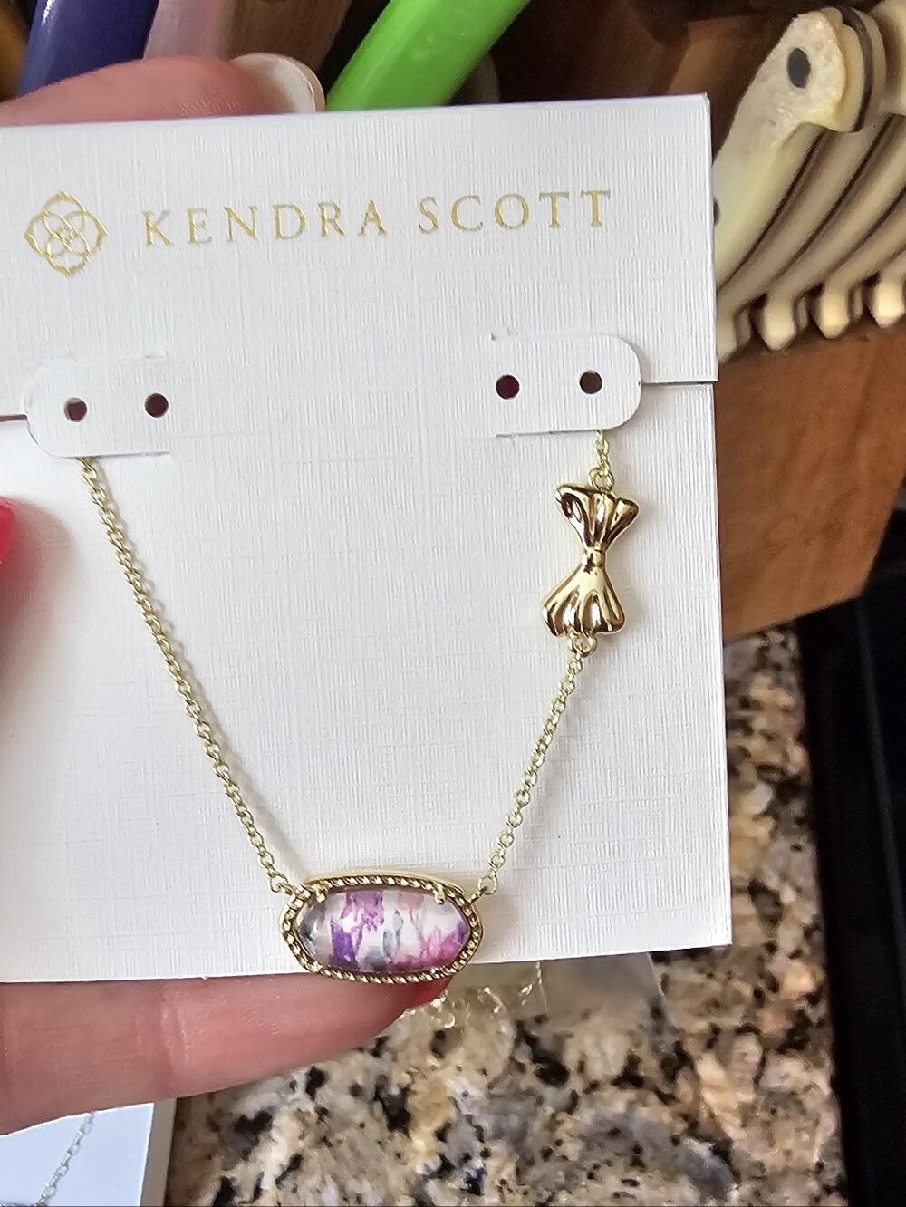 Kendra Scott Gold Necklace with Purple-Pink Marbled Stone